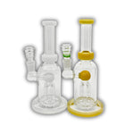 Compact glass water pipe with triple arm percolator, straight neck, and colored accent base and joint.