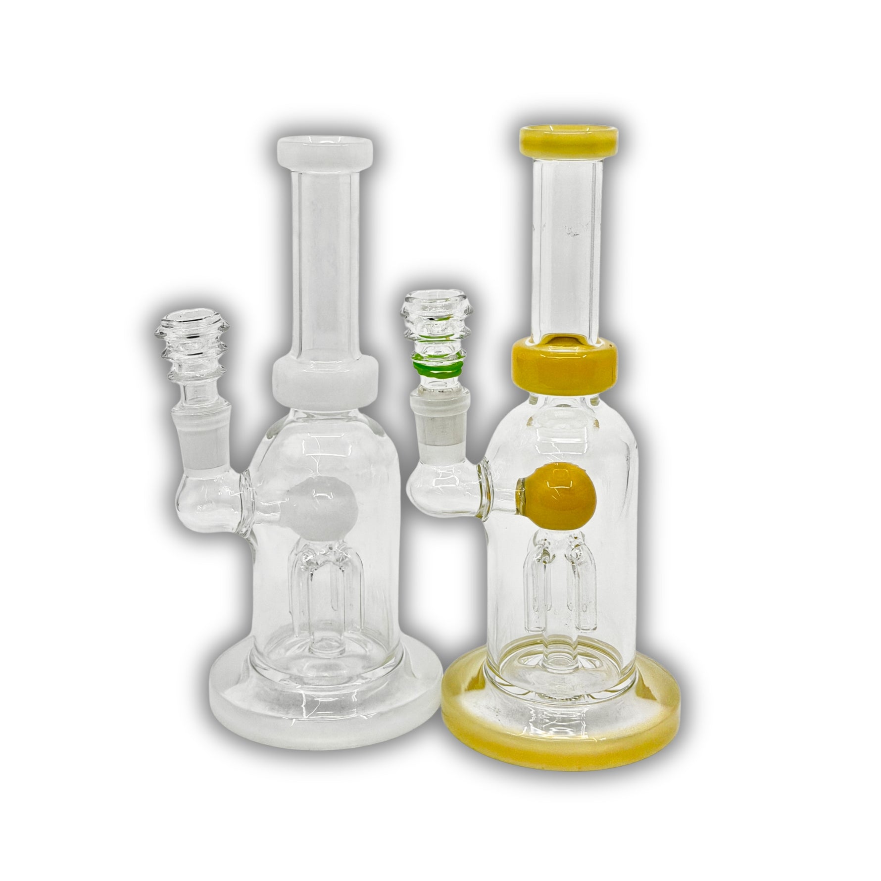 Compact glass water pipe with triple arm percolator, straight neck, and colored accent base and joint.