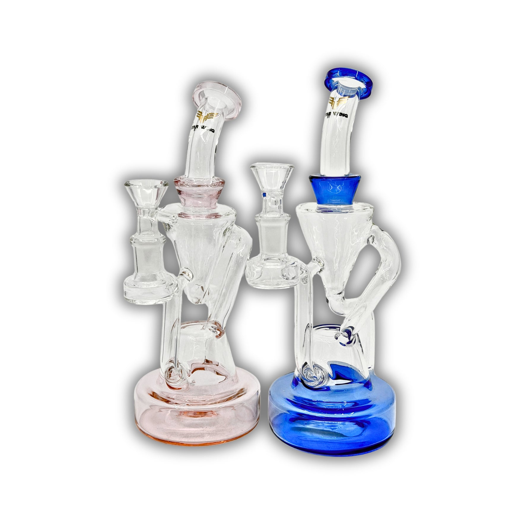 Glass recycler water pipe featuring a double chamber design with angled neck and colored base accents.