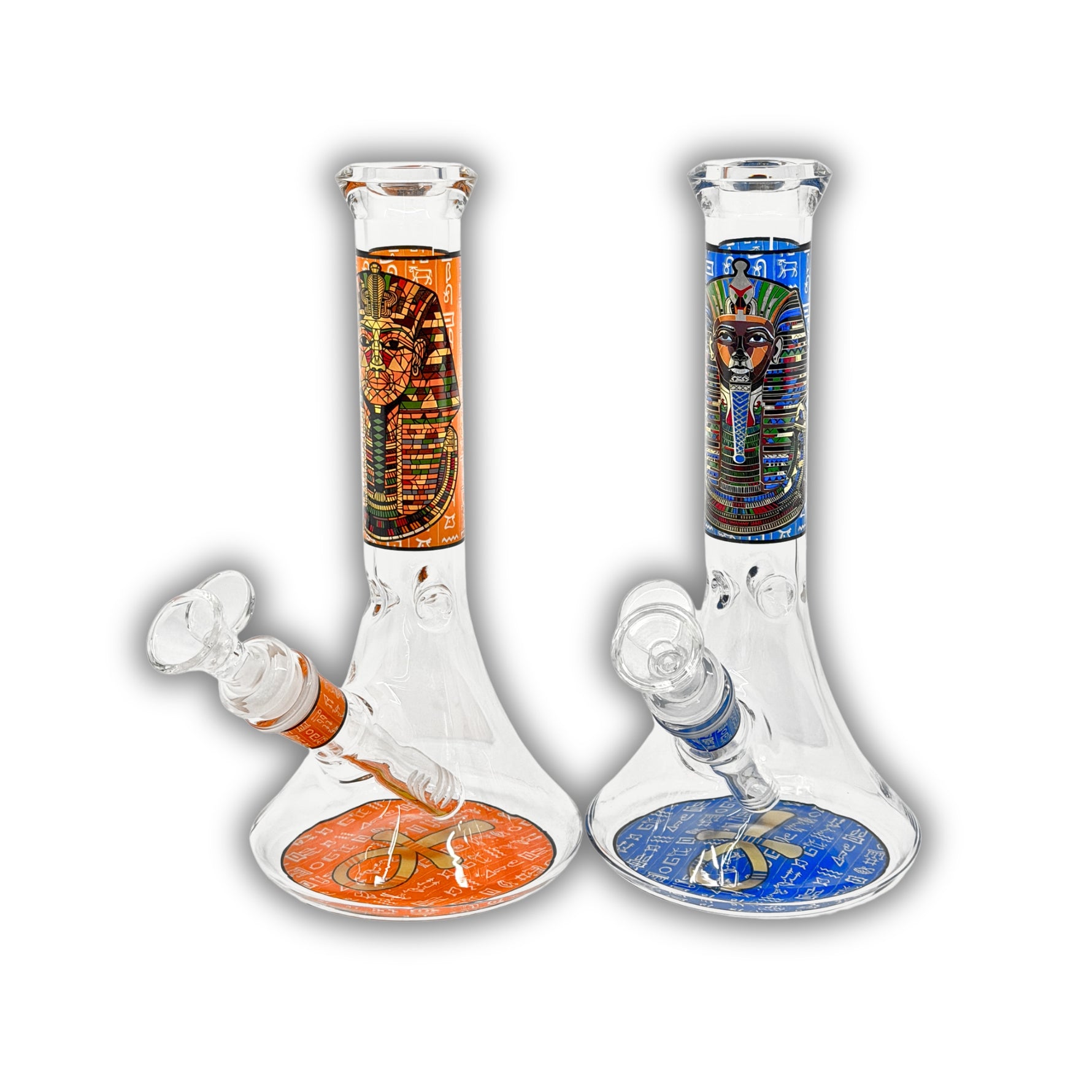 Clear beaker bong with detailed Egyptian pharaoh artwork and hieroglyph-inspired design in vibrant color panels.