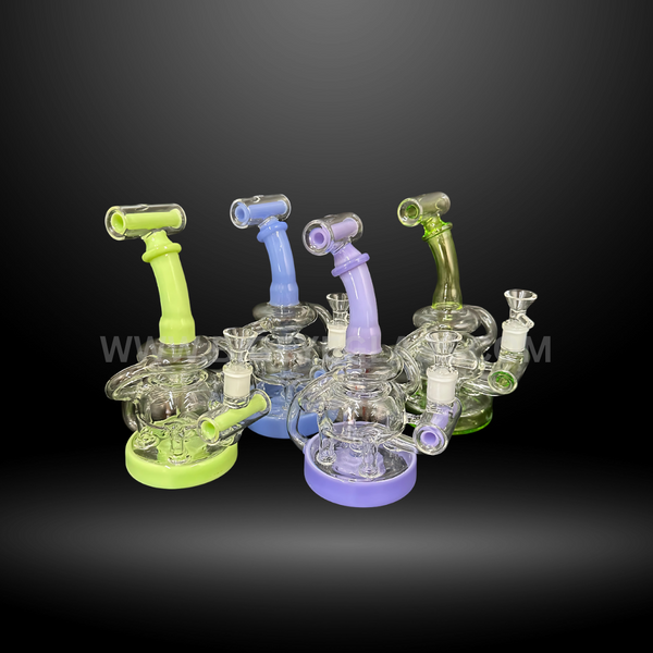 Set of colorful recycler glass rigs with pastel accents in green, blue, and purple. High-quality wholesale dab rigs and water pipes for head shops.