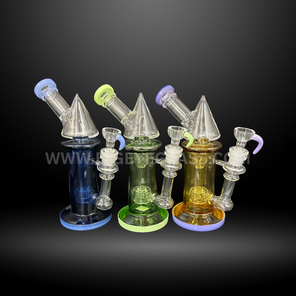 Set of cone-shaped recycler glass rigs with colorful bases in blue, green, and amber. High-quality wholesale dab rigs for smoke shops and distributors.