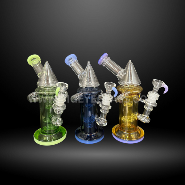 Set of three cone-shaped recycler dab rigs with colorful bases in green, blue, and amber. Durable wholesale glass water pipes for smoke shops.