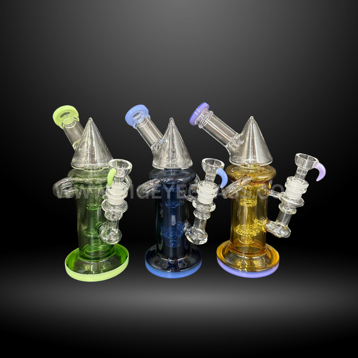 Set of three cone-shaped recycler dab rigs with colorful bases in green, blue, and amber. Durable wholesale glass water pipes for smoke shops.
