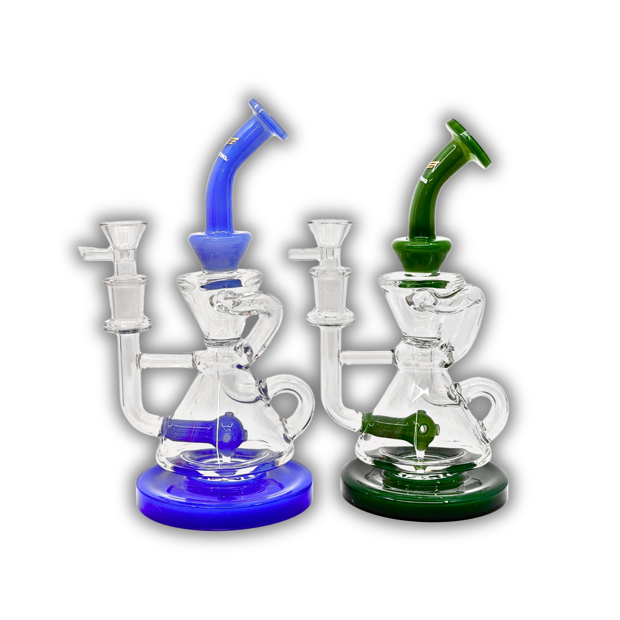 Glass recycler water pipe with inline perc, dual arm tubing, and blue and green color options.