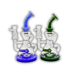 Glass recycler water pipe with inline perc, dual arm tubing, and blue and green color options.