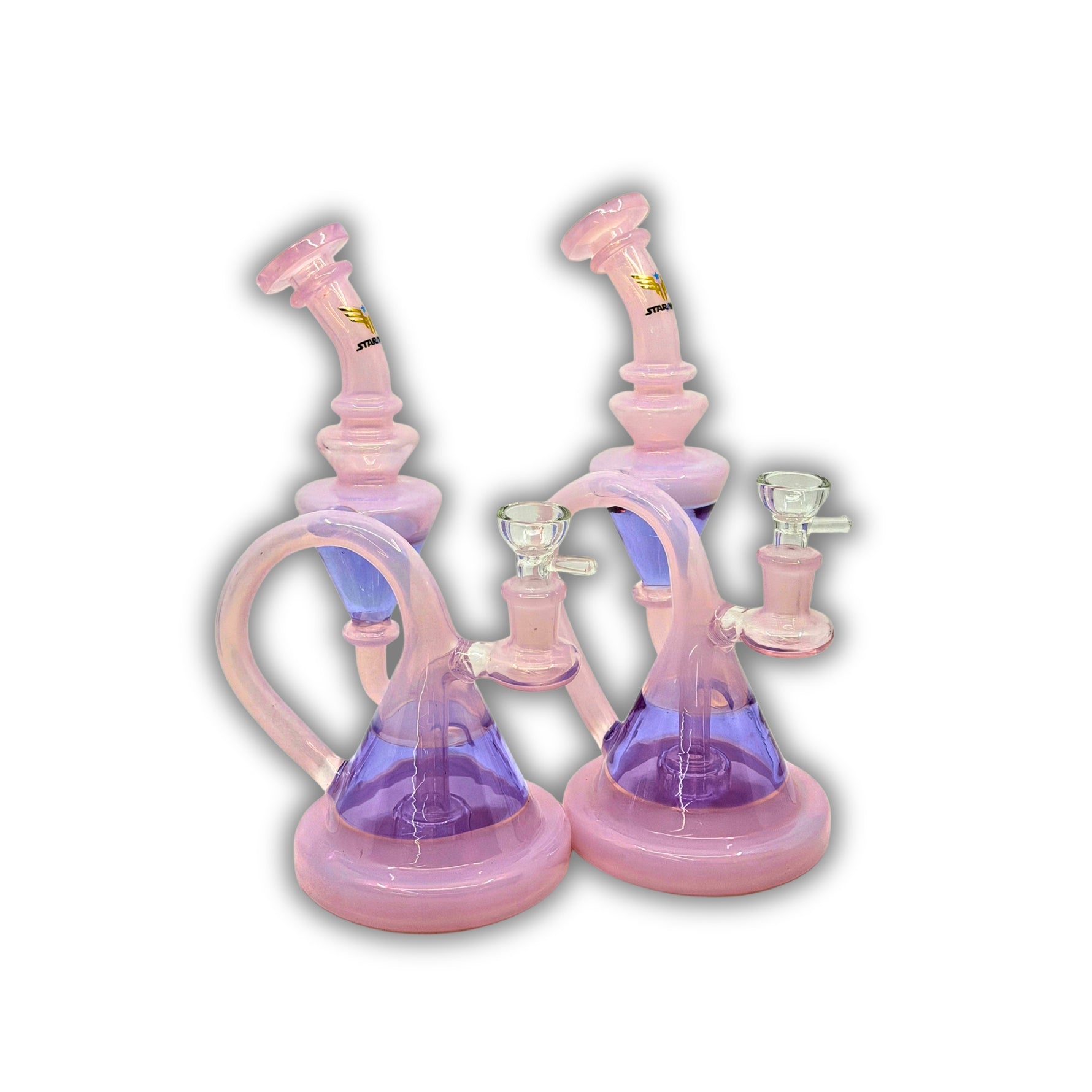 Pink and purple dual recycler glass water pipe with looped chamber design and angled neck.