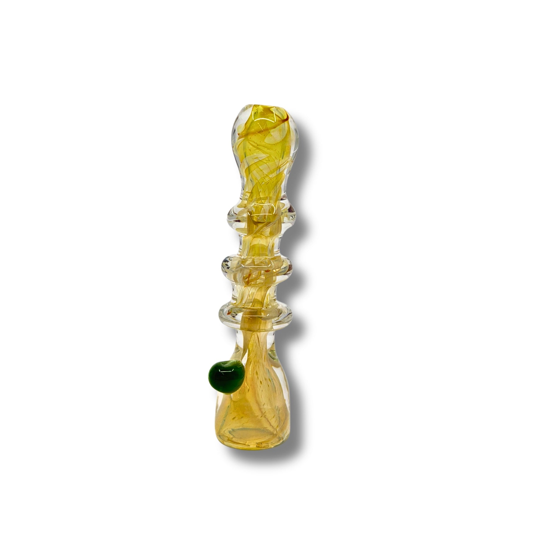 Fumed glass chillum pipes with ring grip design and colorful accents in green, blue, and red.