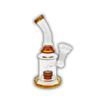 Clear glass water pipe with bent neck, barrel percolator, and colored base and mouthpiece accents.