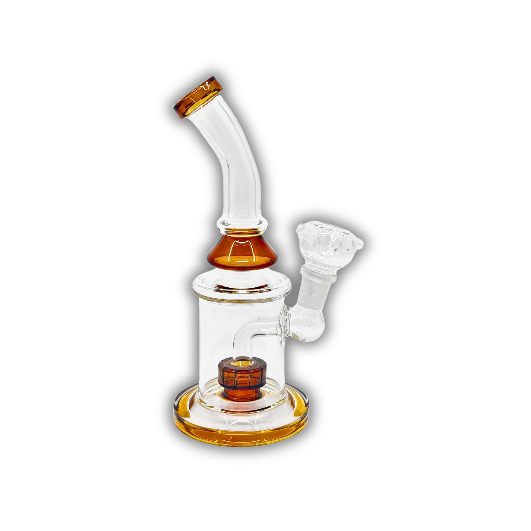 Clear glass water pipe with bent neck, barrel percolator, and colored base and mouthpiece accents.