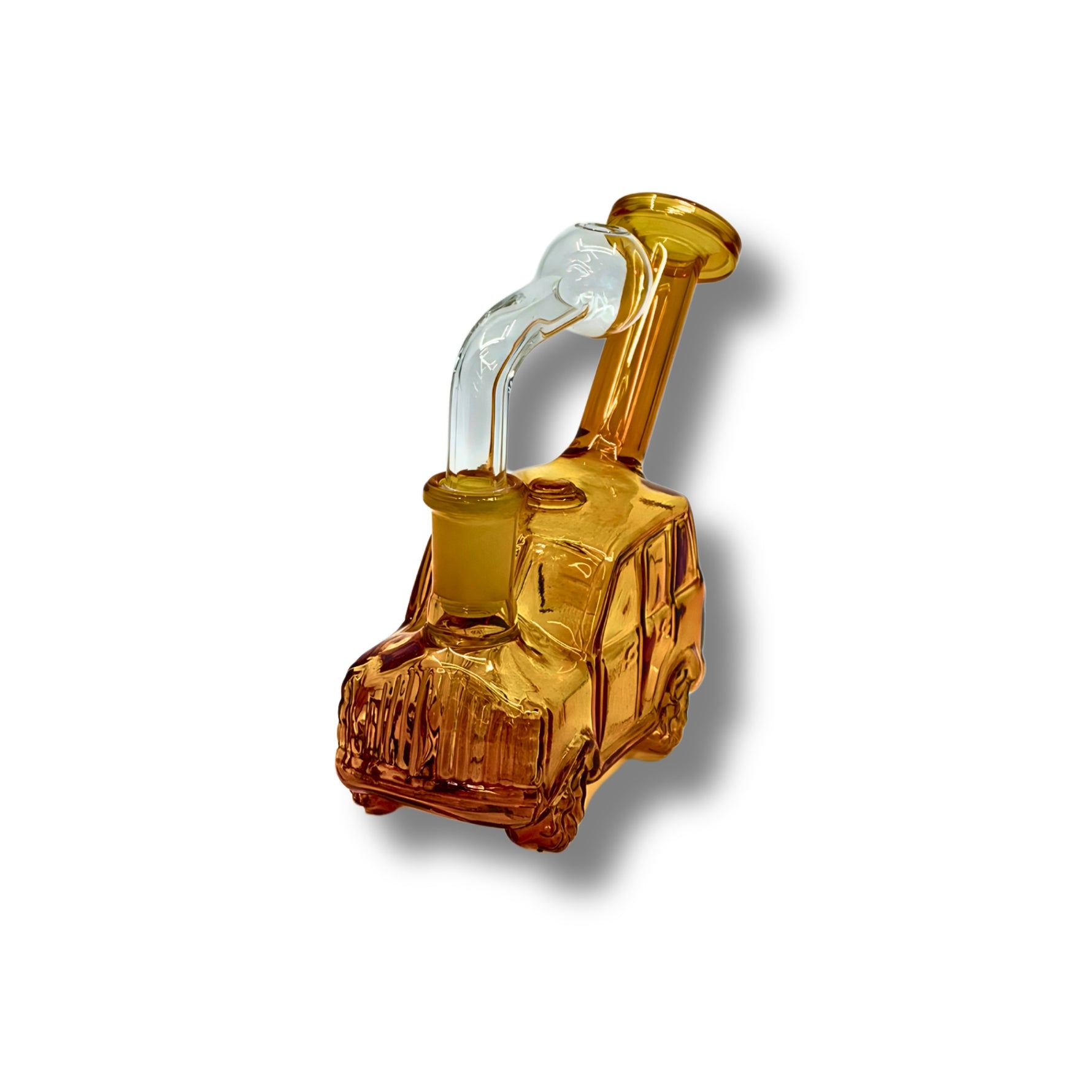Colorful car-shaped glass oil burner rigs with side mouthpiece and round bowl attachment in assorted transparent colors.