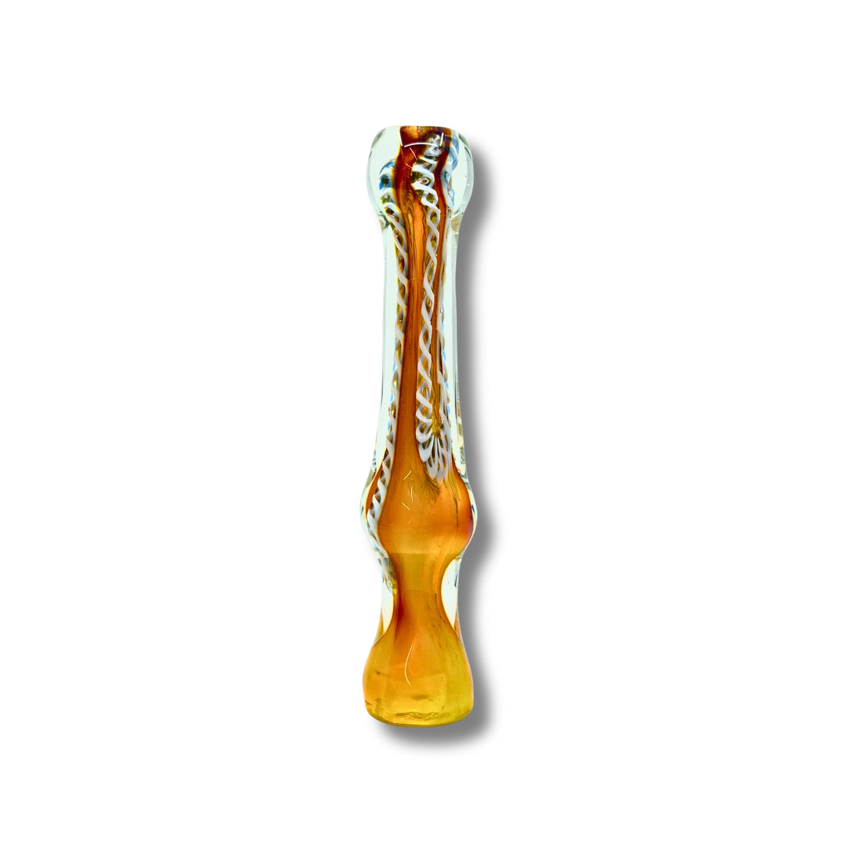 Hand-blown glass chillum pipes with fumed yellow base and colorful swirl patterns inside.