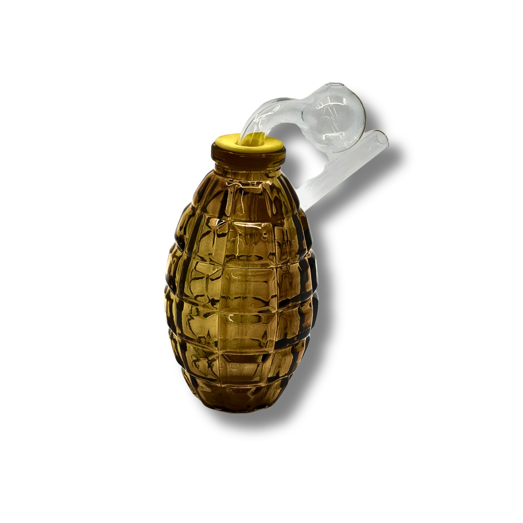 Grenade-shaped glass oil burner pipes in green, red, blue, purple, and amber colors with textured body design.