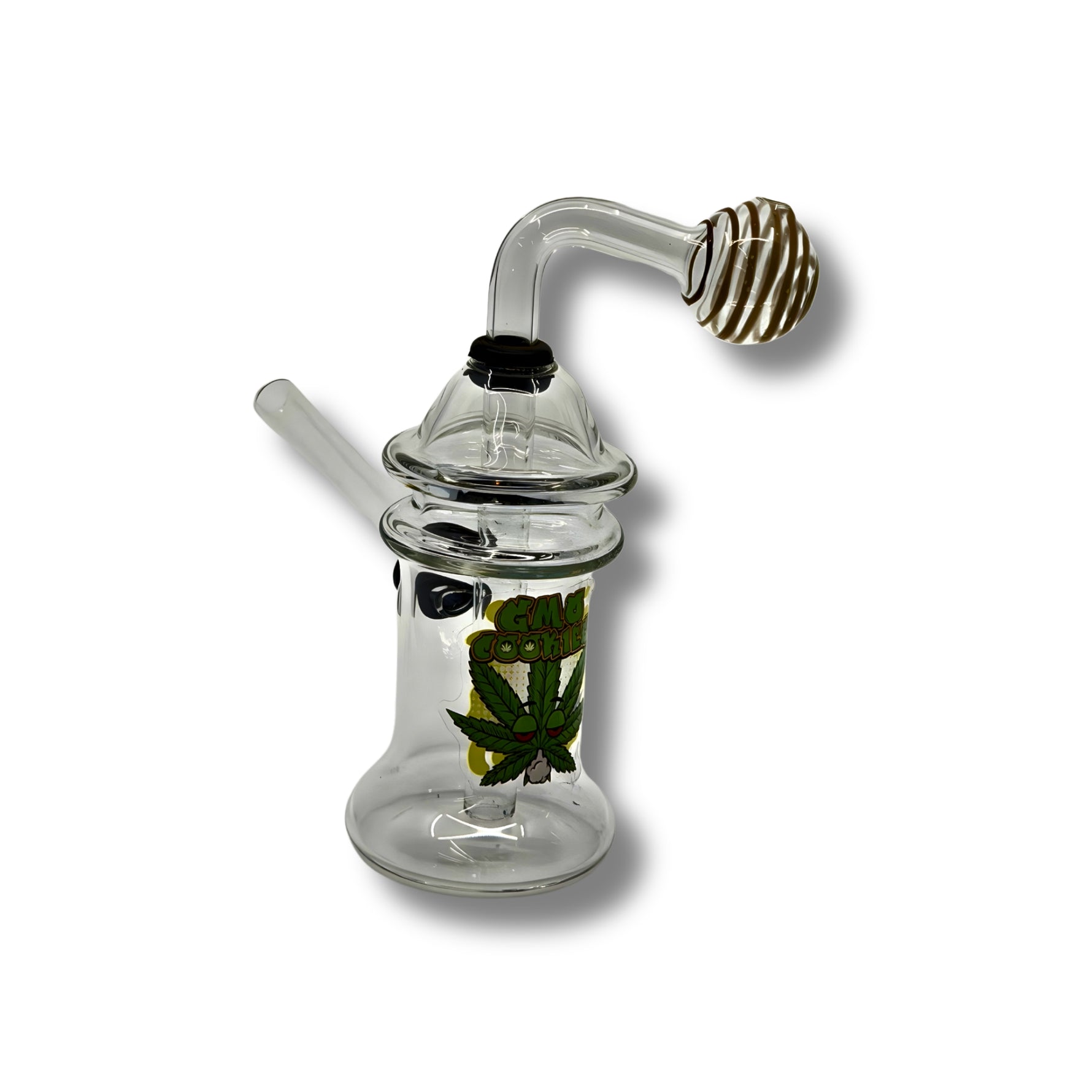 Clear glass dab rigs with printed cartoon graphics and spinner caps in assorted colors, featuring compact chamber design.
