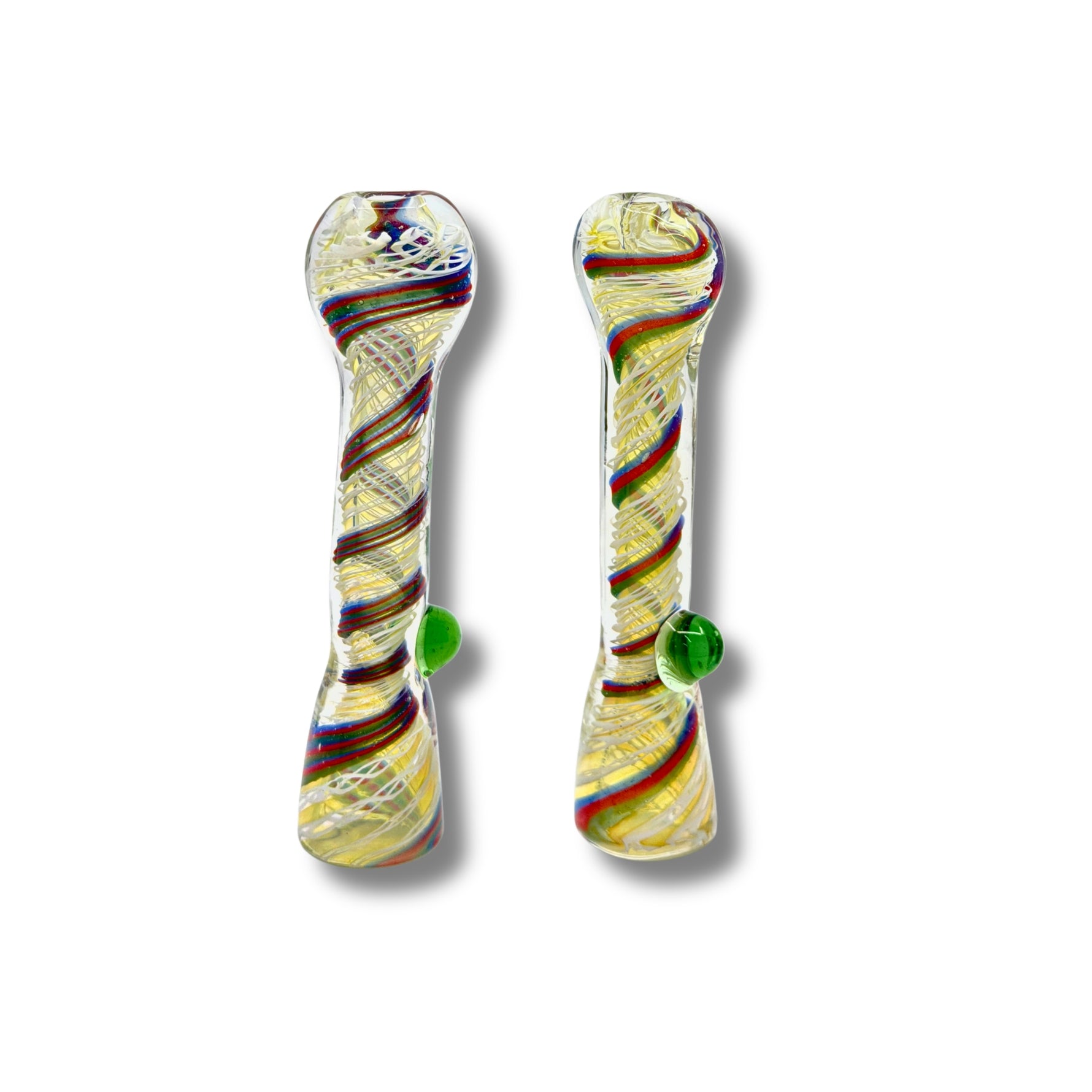 Hand-blown glass chillum pipes with rainbow spiral patterns and side grip marble in assorted vibrant designs.