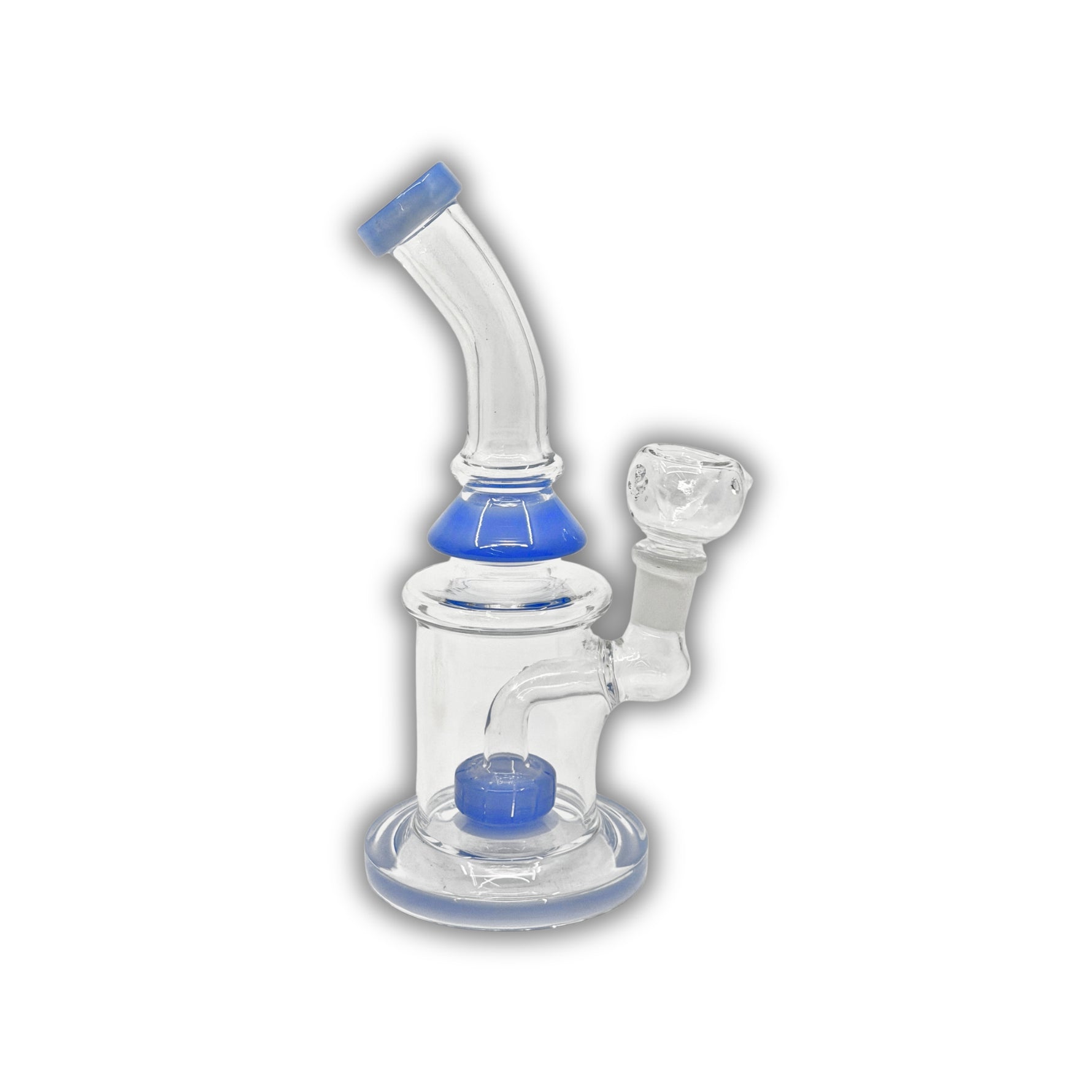 Clear glass water pipe with bent neck, barrel percolator, and colored base and mouthpiece accents.