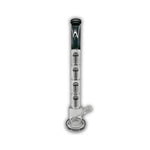 Tall glass water pipe featuring three stacked tree percolators with colored accents and straight tube design.