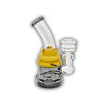 Compact glass dab rig with double ring neck design and colored base in blue and yellow variations.
