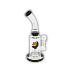 Compact glass water pipe with moon and star design, colored accents, angled neck, and built-in percolator.