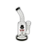 Compact glass water pipe with snowman figurine percolator, twisted neck design, and colored accents.