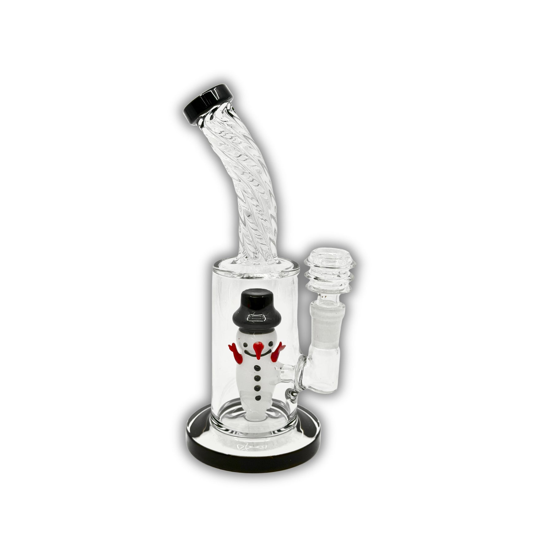 Compact glass water pipe with snowman figurine percolator, twisted neck design, and colored accents.