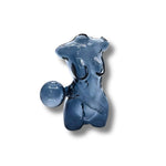 Curvy body-shaped glass oil burner pipes in pink and smoky gray colors with side bubble bowl design.