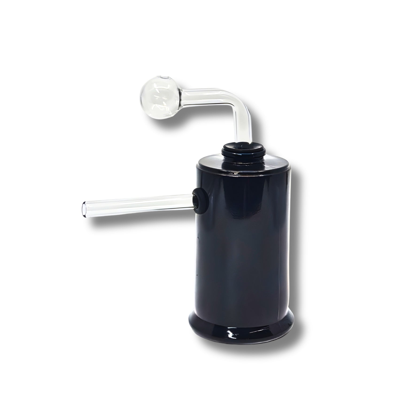 Cylinder-shaped glass dab rigs with side arm and clear top in multiple colors including black, blue, red, yellow, purple, green, and pink.