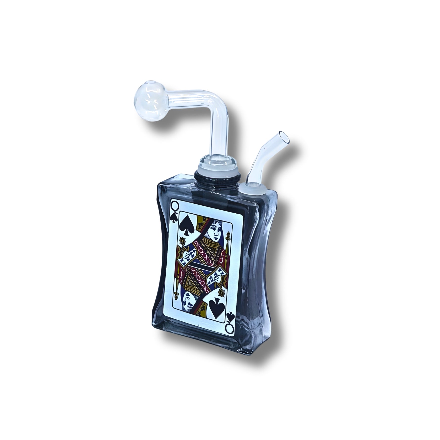Glass oil burner  designed like playing cards with spade symbols in black, green, amber, and pink colors.