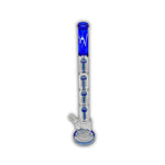 Tall glass water pipe featuring three stacked tree percolators with colored accents and straight tube design.