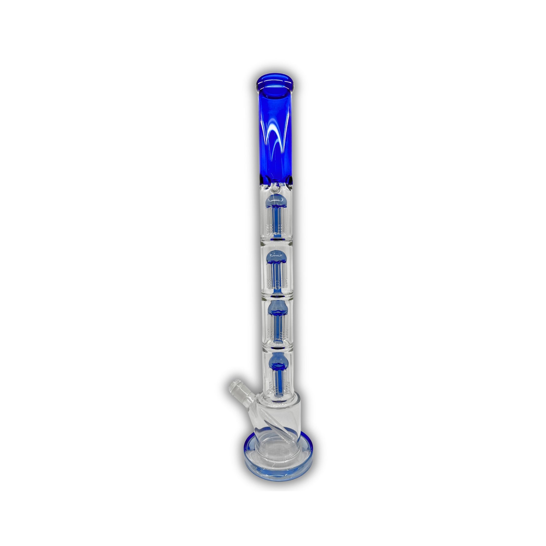 Tall glass water pipe featuring three stacked tree percolators with colored accents and straight tube design.