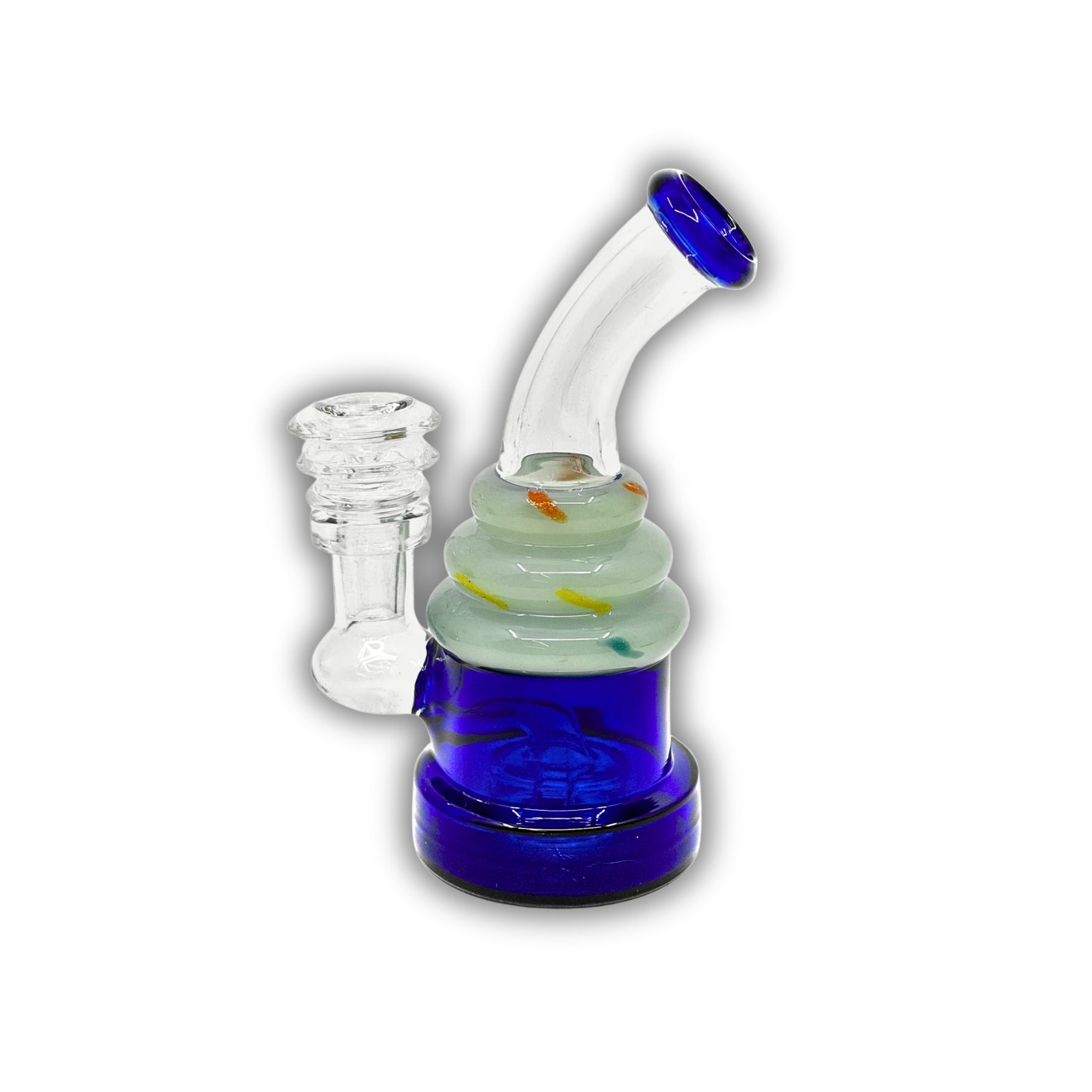 Compact glass dab rig with double ring neck design and colored base in blue and yellow variations.