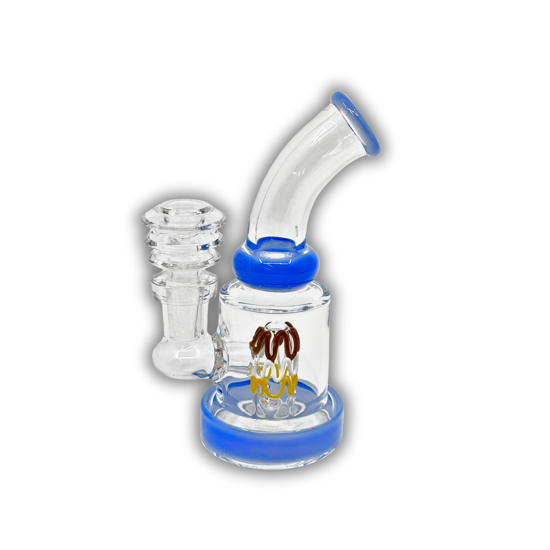 Compact glass dab rig featuring colored neck accents and a multicolor wig wag percolator design in blue and red variations.