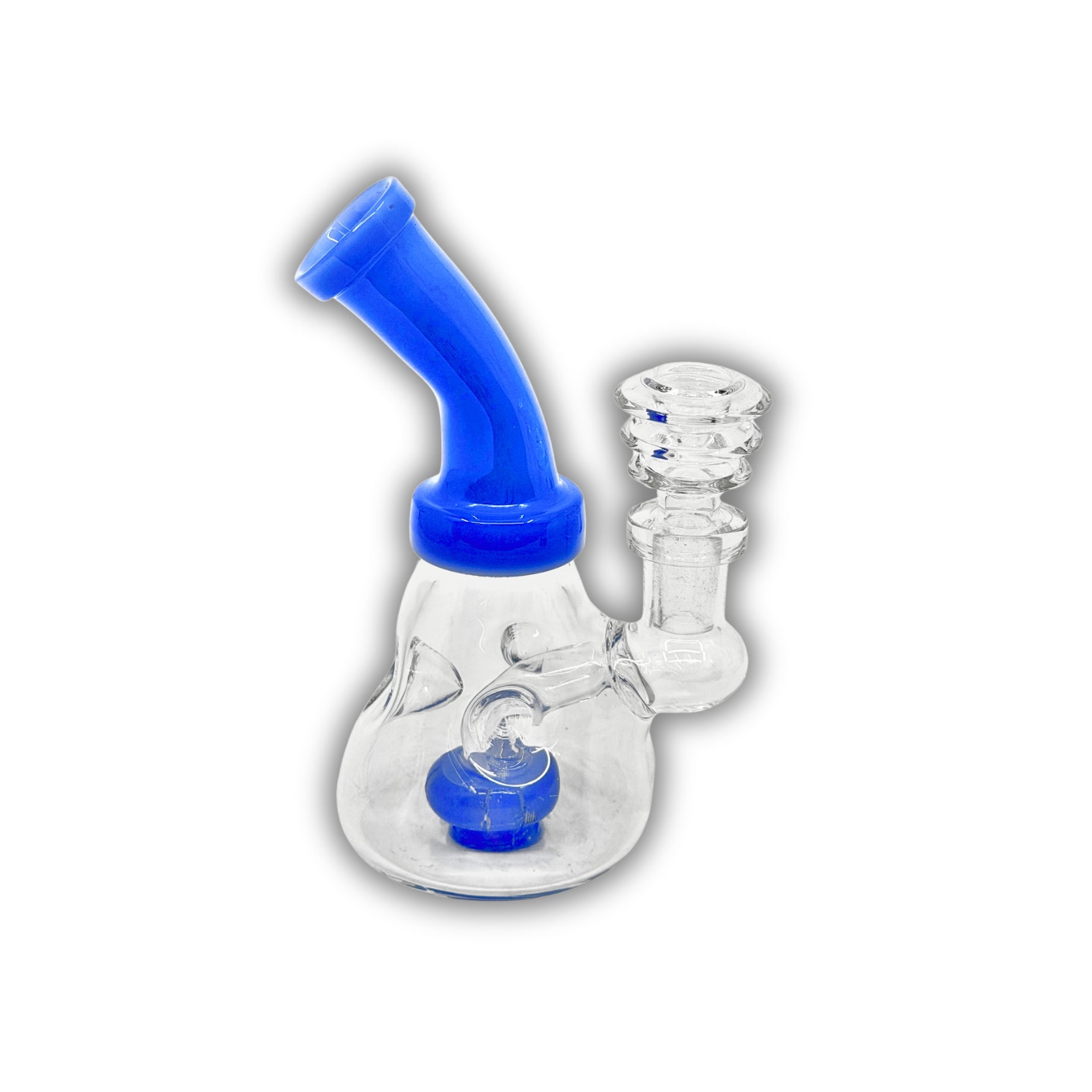 Small glass dab rig with beaker-style base, curved neck, and colored accents in pink and blue variations.