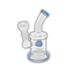 Clear glass water pipe with bent neck, UFO disc percolator, and colored inner chamber and base accents.