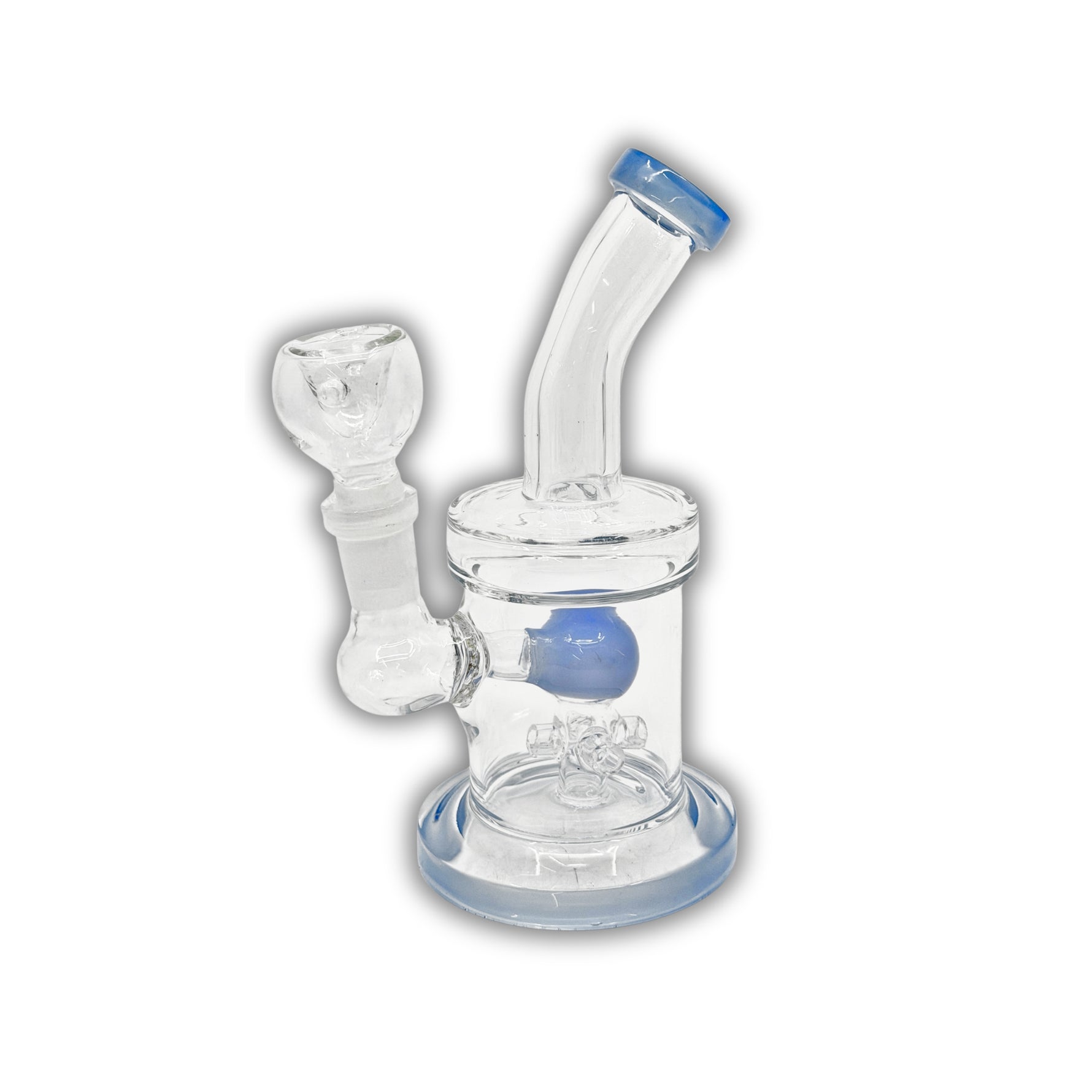 Clear glass water pipe with bent neck, UFO disc percolator, and colored inner chamber and base accents.