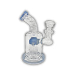 Compact glass dab rig featuring a textured curved neck and showerhead percolator with blue and green accent options.