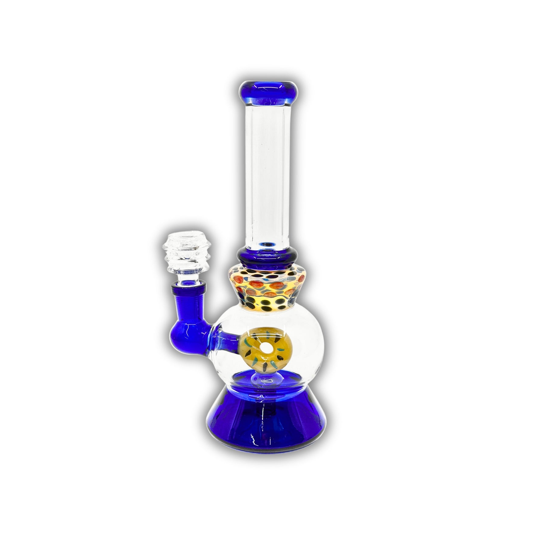 Glass water pipe with donut-style percolator, bubble chamber, speckled neck detail, and colored base and joint.