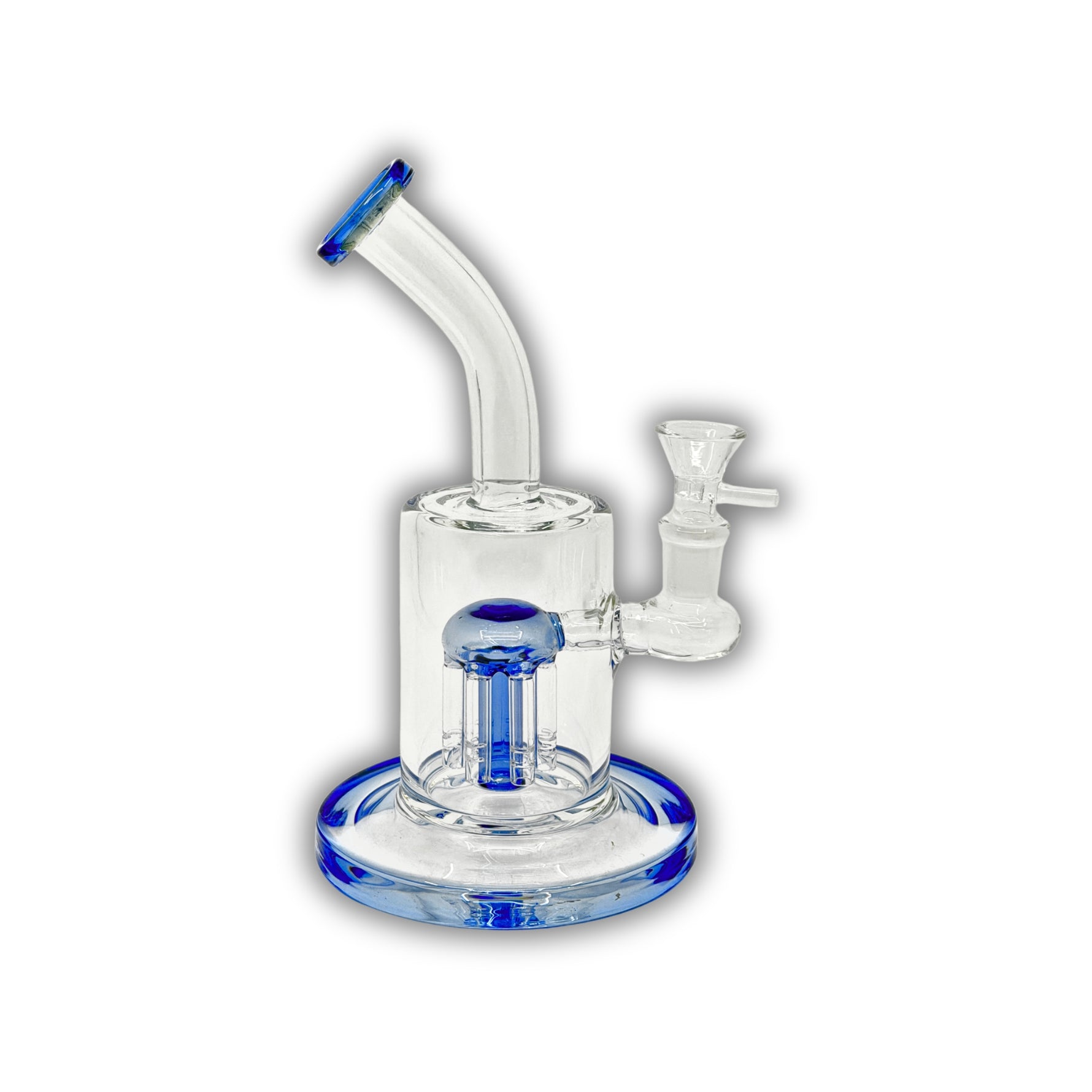 Compact glass water pipe with matrix percolator, angled neck, and blue and green color accents.