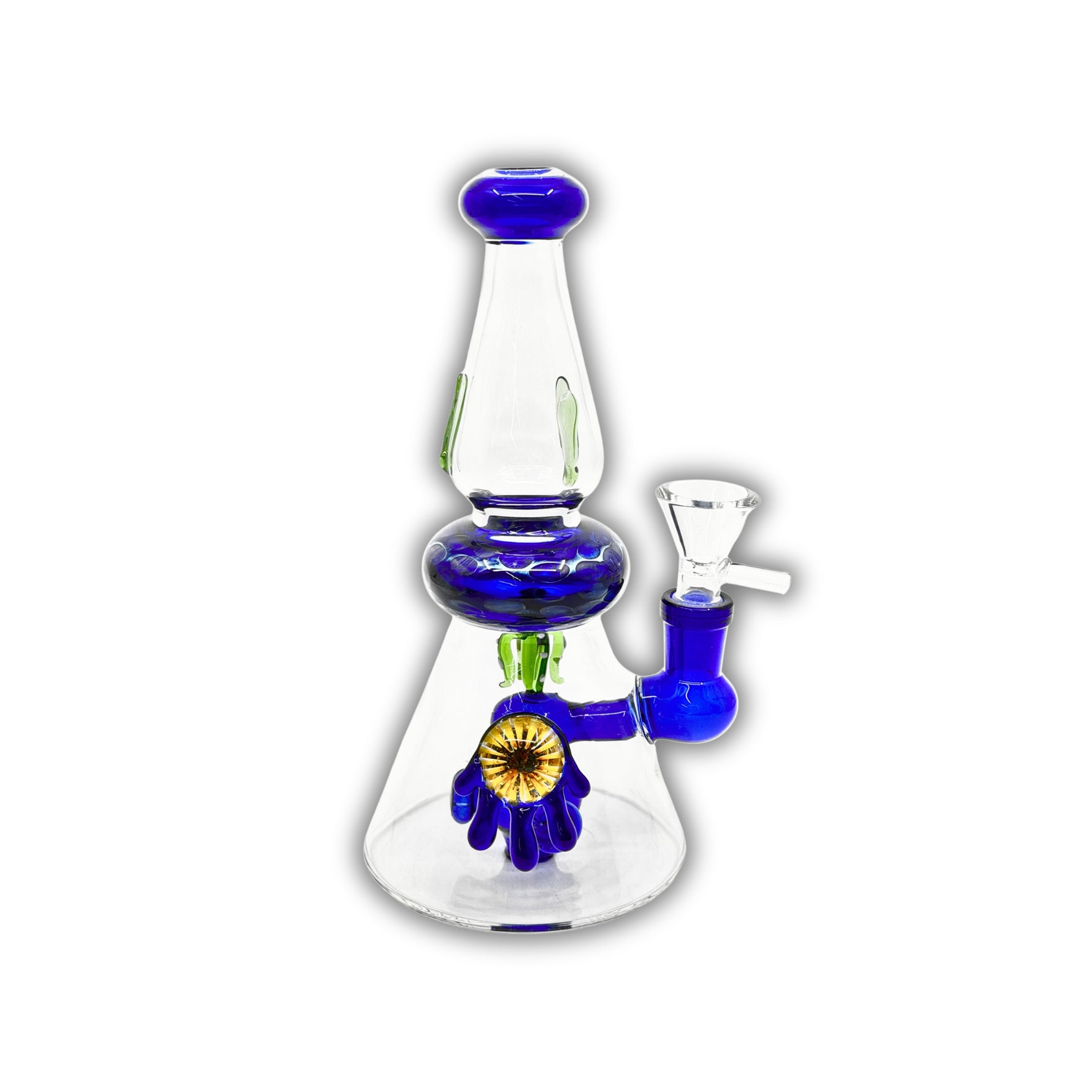 Colorful glass water pipe with artistic drip-style accents, bubble chamber, and detailed percolator design.