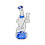 Glass recycler water pipe featuring a double chamber design with angled neck and colored base accents.