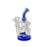 Glass recycler water pipe with inline perc, dual arm tubing, and blue and green color options.