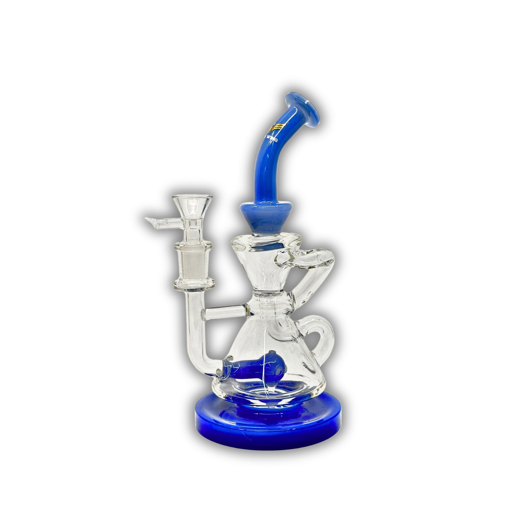 Glass recycler water pipe with inline perc, dual arm tubing, and blue and green color options.