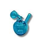 Colorful glass oil burner pipes shaped like apples in blue, purple, red, and green with round body and leaf detail.