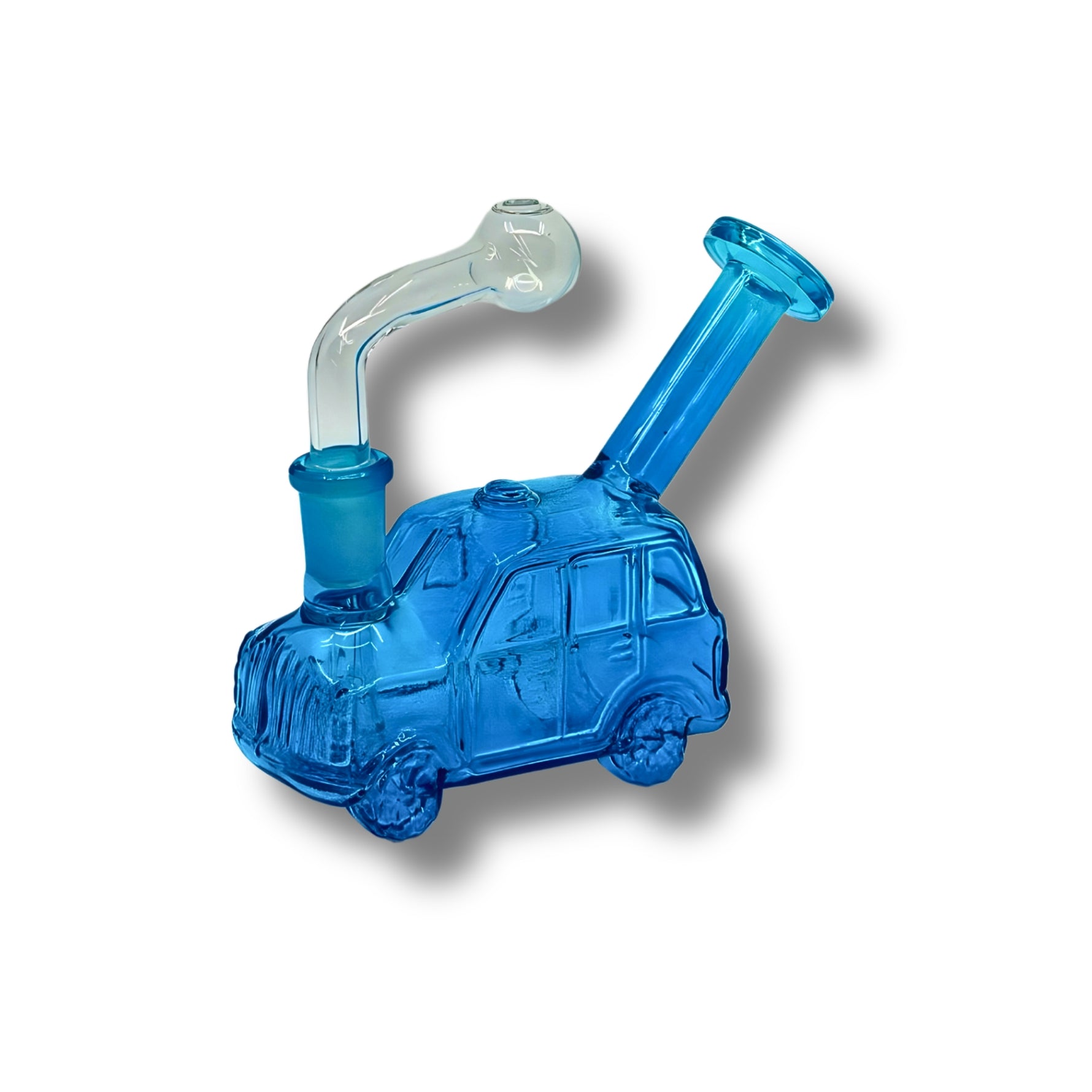 Colorful car-shaped glass oil burner rigs with side mouthpiece and round bowl attachment in assorted transparent colors.