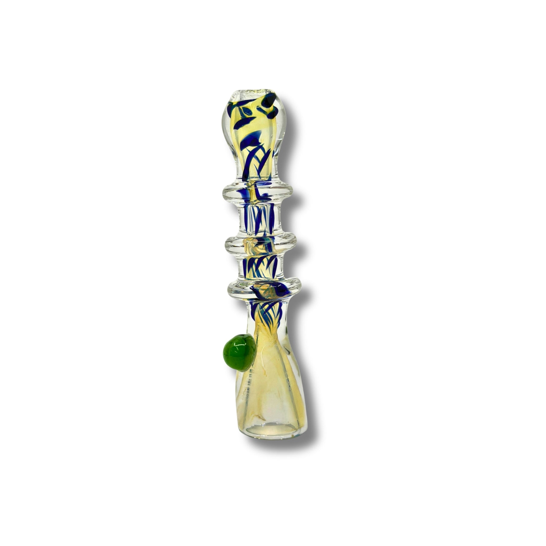 Fumed glass chillum pipes with ring grip design and colorful accents in green, blue, and red.