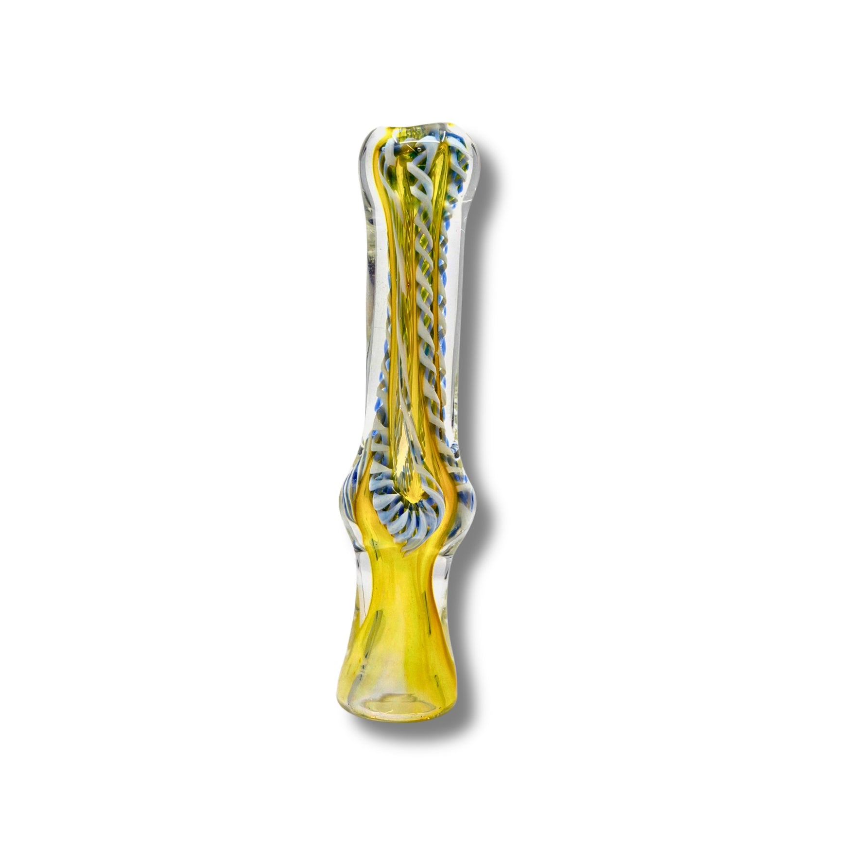 Hand-blown glass chillum pipes with fumed yellow base and colorful swirl patterns inside.