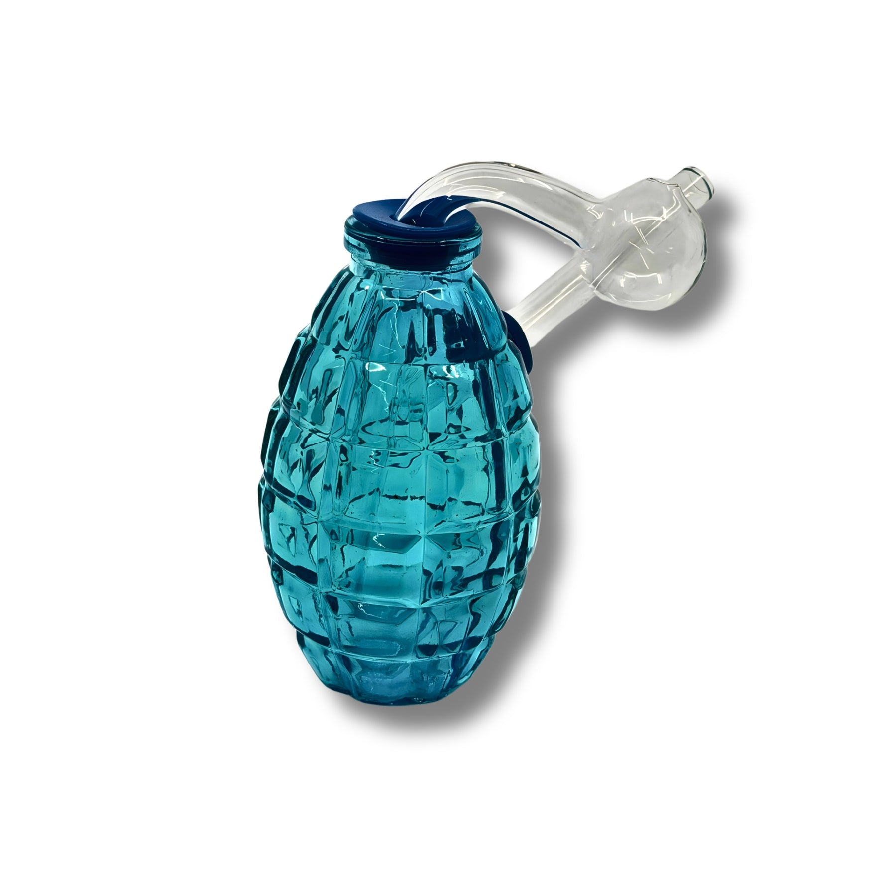 Grenade-shaped glass oil burner pipes in green, red, blue, purple, and amber colors with textured body design.