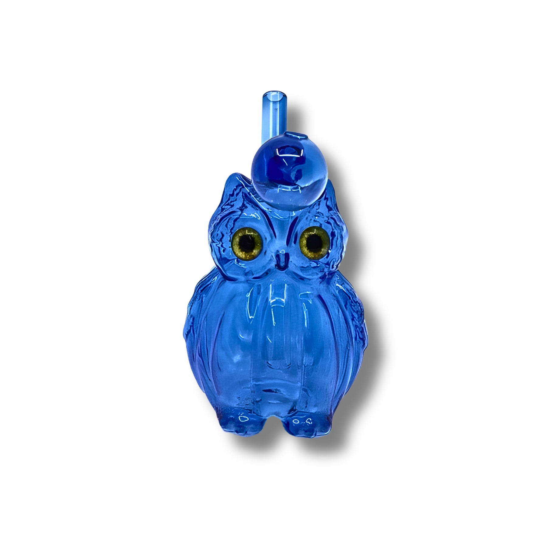 Colorful owl-shaped glass oil burner rigs with big eyes and side mouthpiece in assorted bright transparent colors.