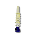 Transparent yellow glass chillum pipes with stacked ring texture and colorful base accents.