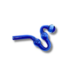Curved zig-zag glass oil burner pipes with triple bubble design in blue, clear, and green colors.